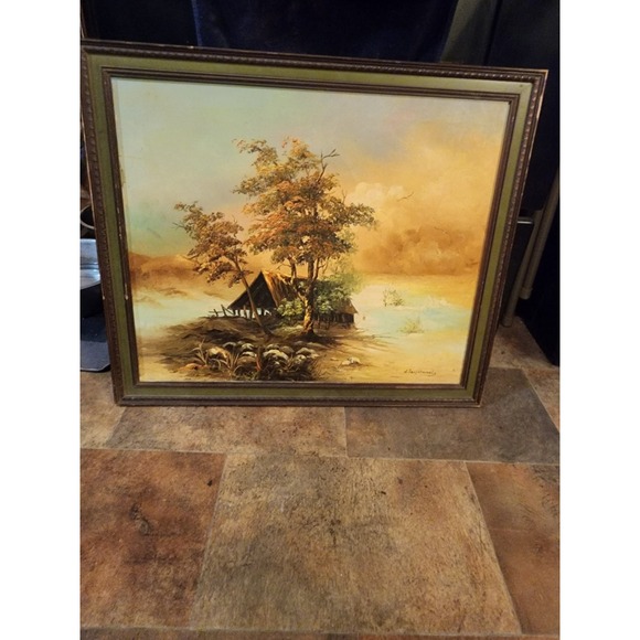 Vintage Original Oil On Canvas Painting Cabin On Lake STUNNING Landscape Signed - Picture 10 of 13